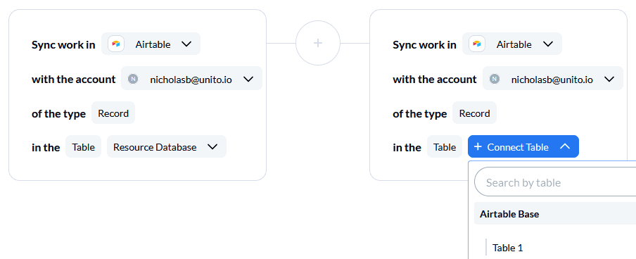 A screenshot of connecting multiple tables in Airtable with Unito