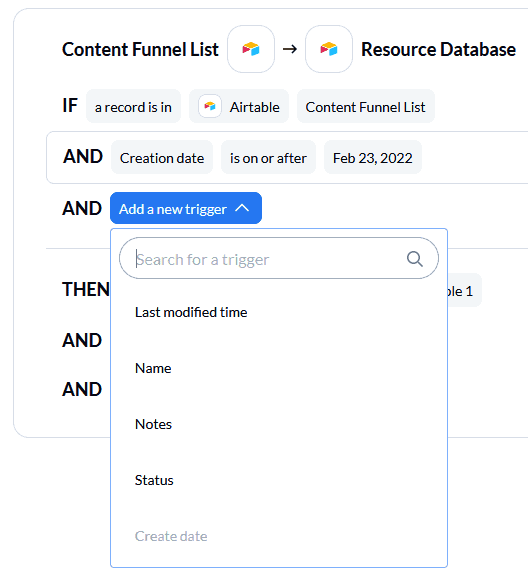 Screenshot of rules in Unito to sync specific Airtable bases