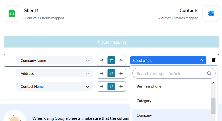 A screenshot of field mappings in Unito for the Google Sheets CRM use case.