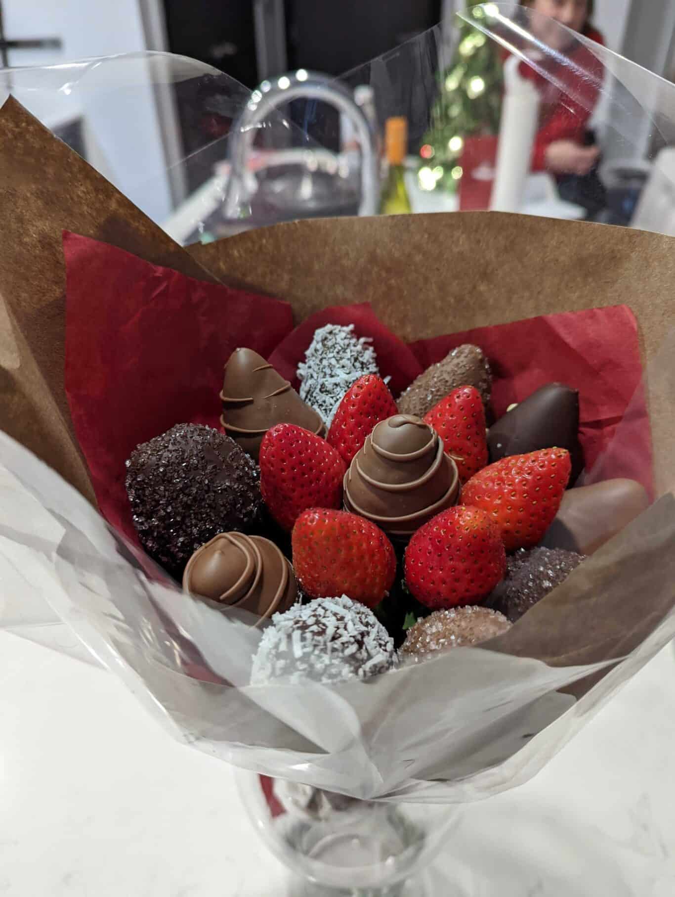 A bouquet of chocolate strawberries, Unito's sixth year work anniversary gift.