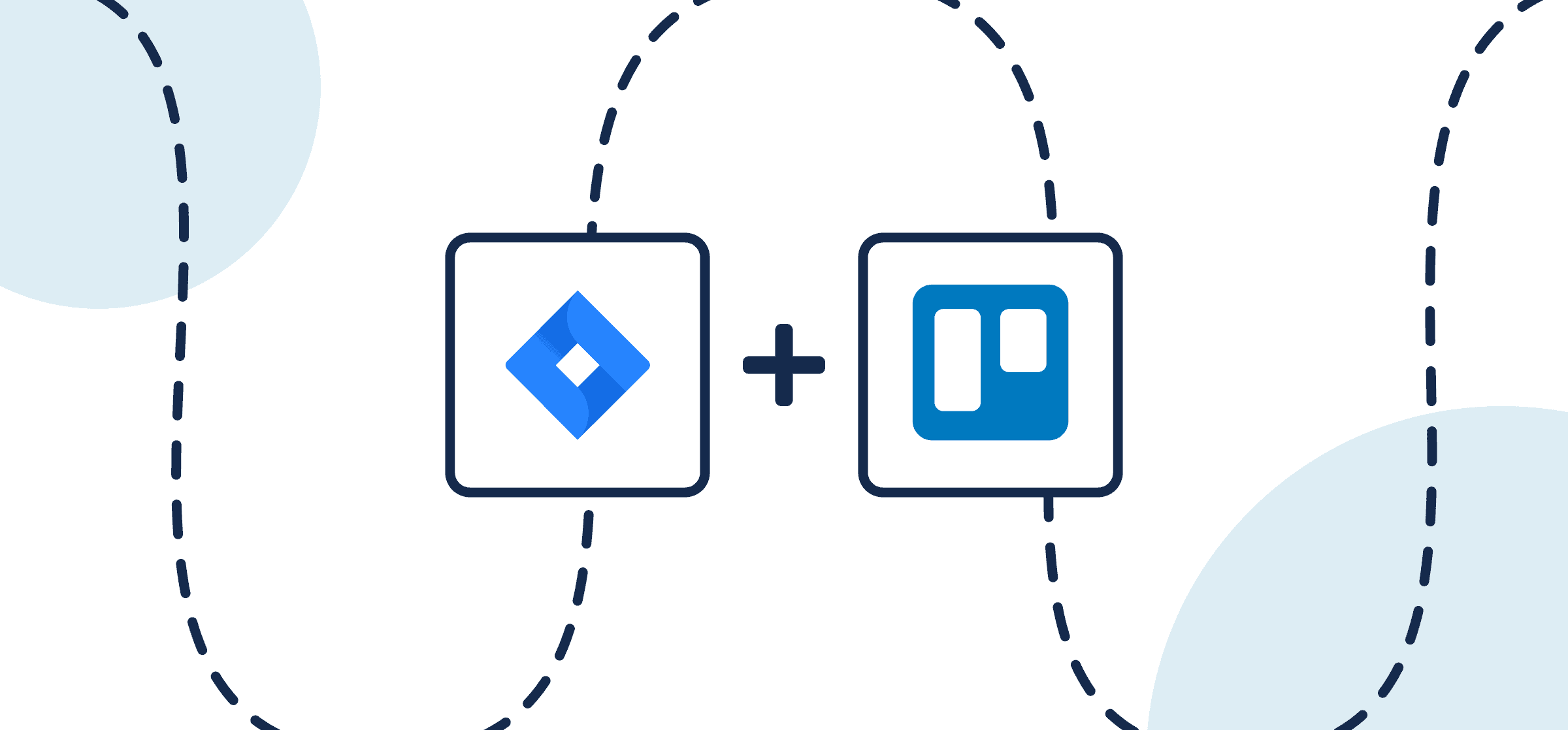 Featured image illustrating a step-by-step guide on syncing Jira to Trello through Unito, depicted by the connected logos through circles and dotted lines.