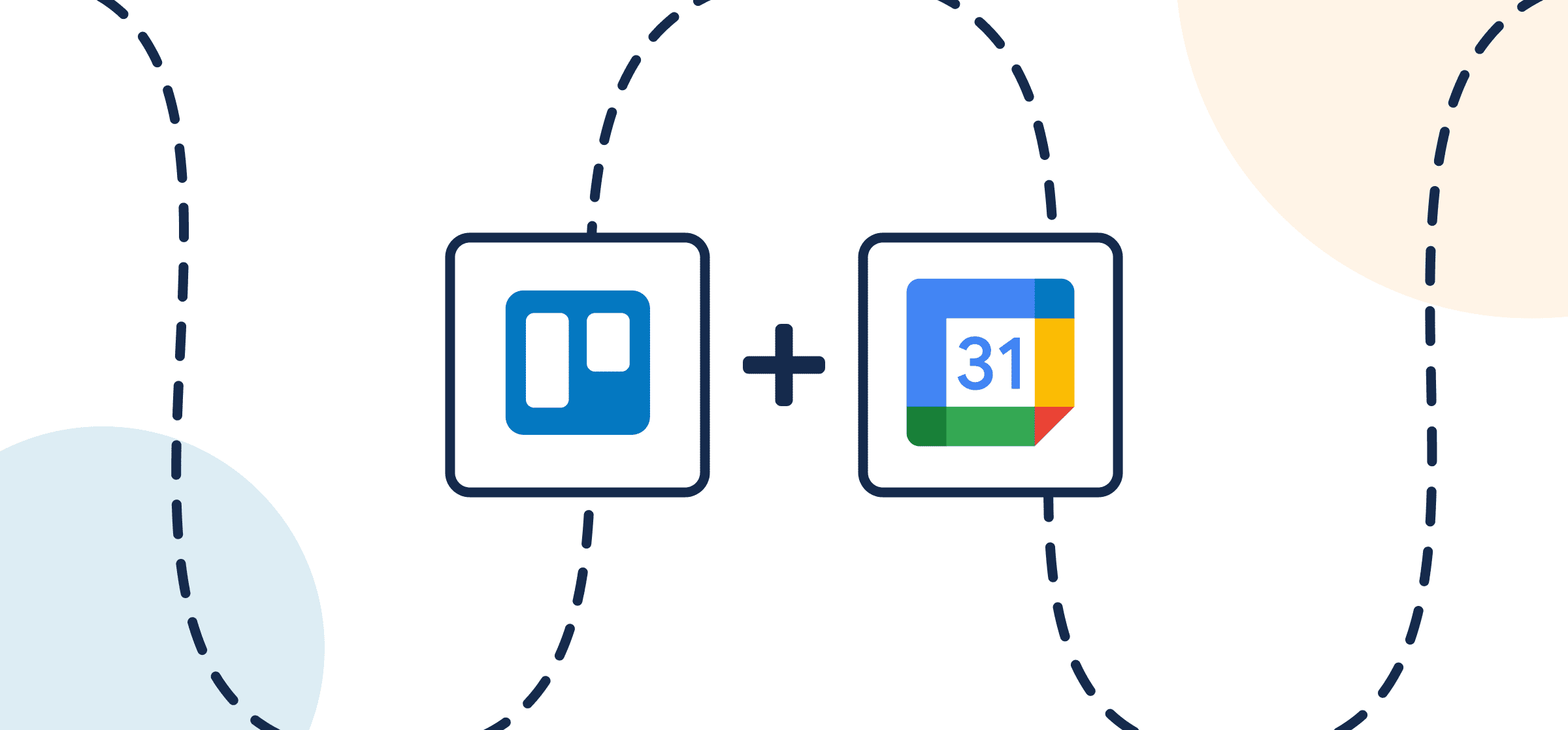 Featured image illustrating a step-by-step guide on syncing Trello to Google Calendar through Unito, depicted by the connected logos through circles and dotted lines.