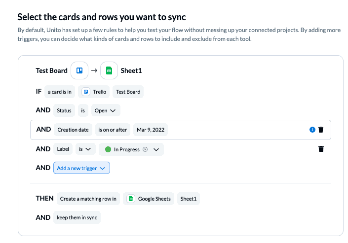 Set up rules to filter data between Trello and Google Sheets