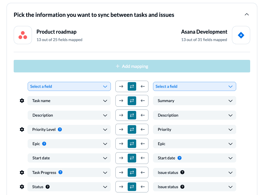 Choose fields to map between Asana tasks and Jira issues Unito two-way sync