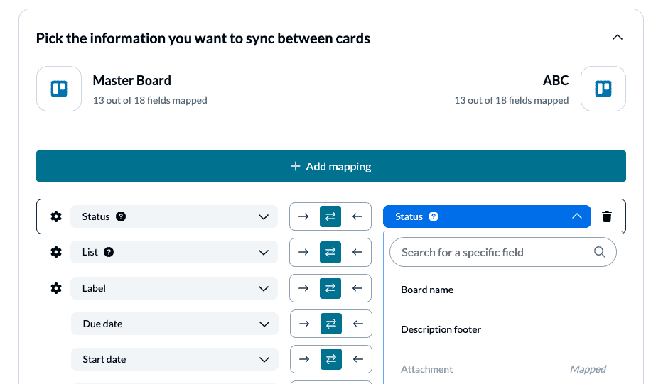 Trello board 2-way sync field mappings with Unito