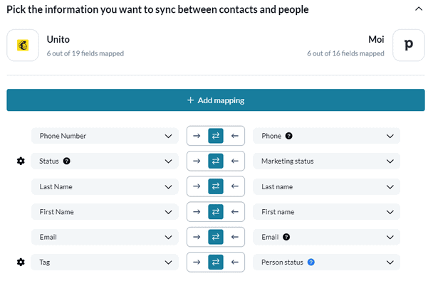 Pipedrive Mailchimp Unito Field Mappings 2-way sync