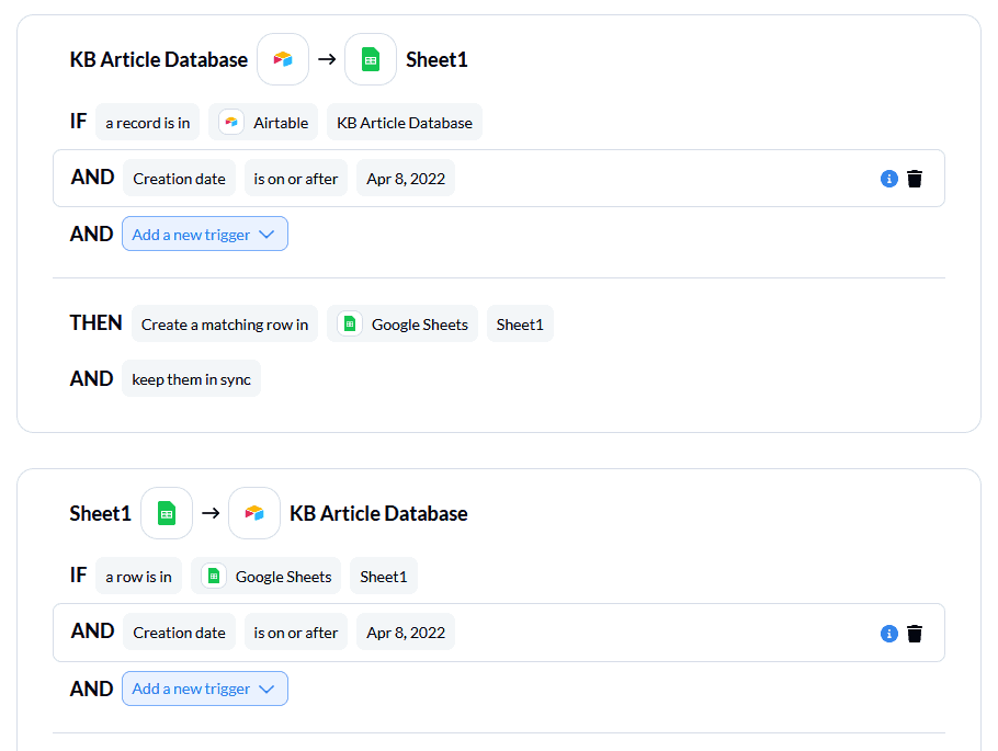 A screenshot of the rules screen in Unito, which filters Airtable data.