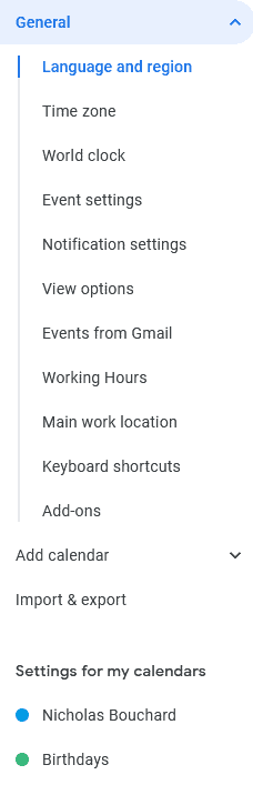 A screenshot of the settings sidebar in Google Calendar.