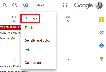 A screenshot of the settings menu in Google Calendar.