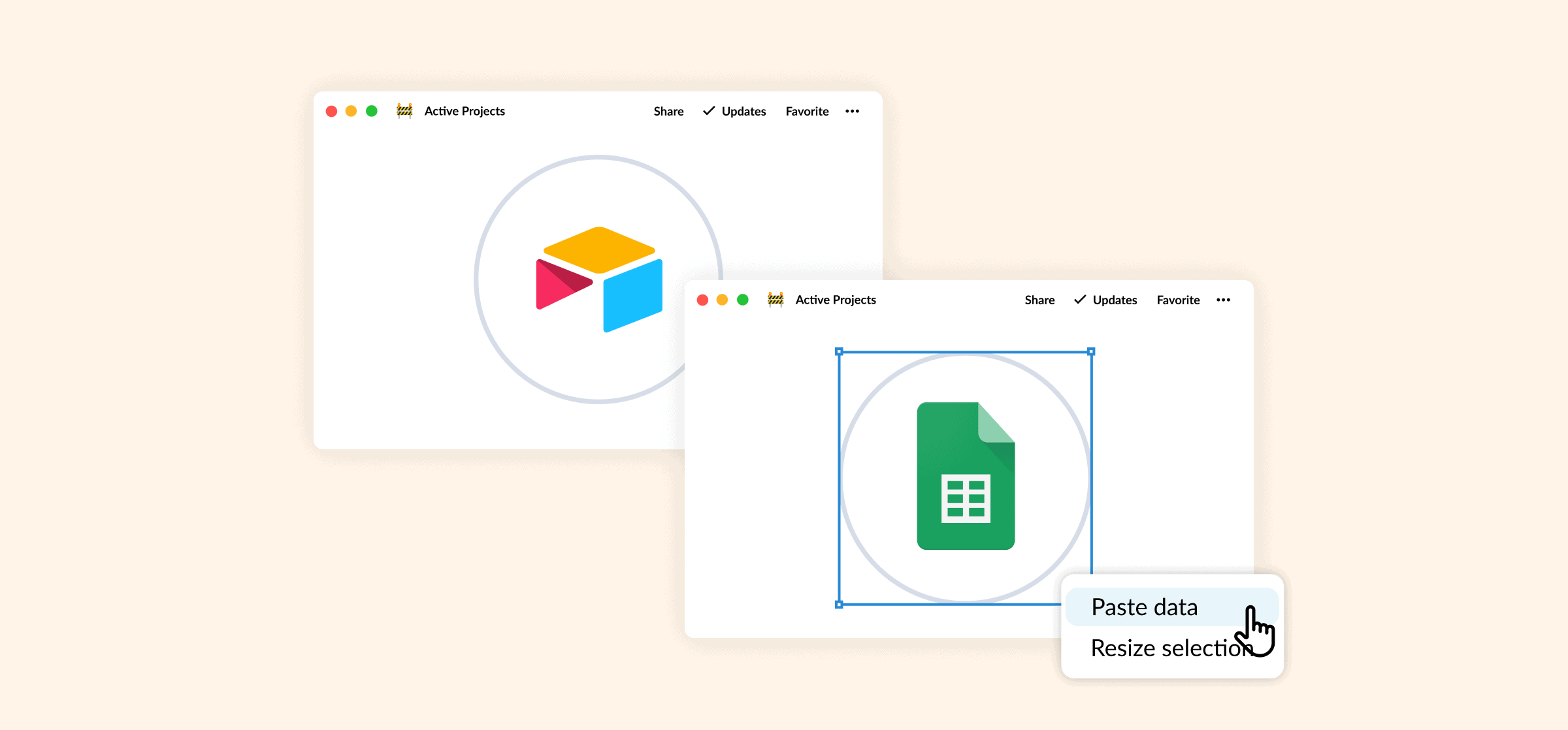 Screens with Airtable and Google Sheets logo, representing a method to export Airtable bases to Google Sheets.