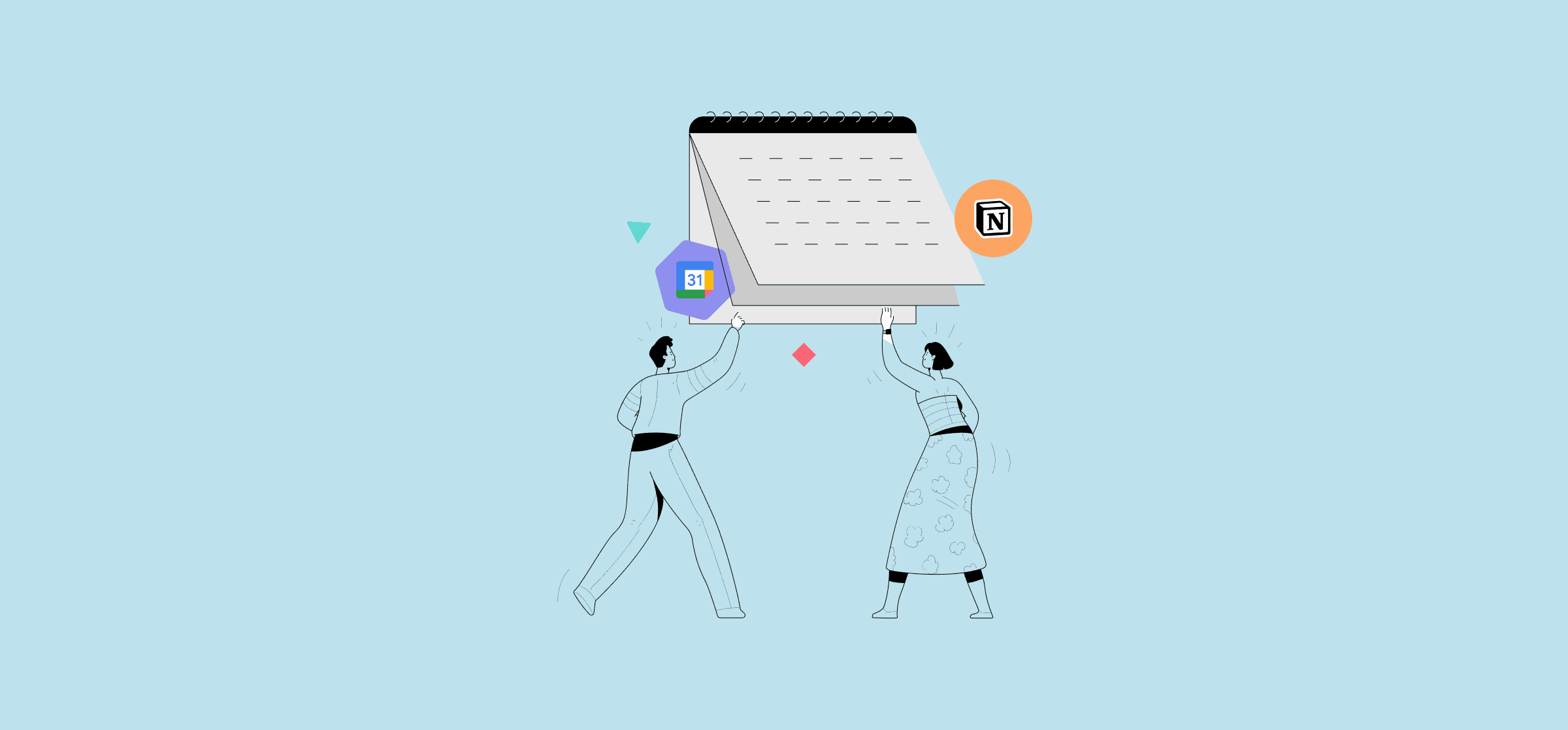 Kalendář, obklopený logy pro Notion a Google Calendar, představující způsob vložení Kalendáře Google.