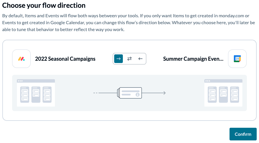 Set a flow direction between monday.com and Google Calendar