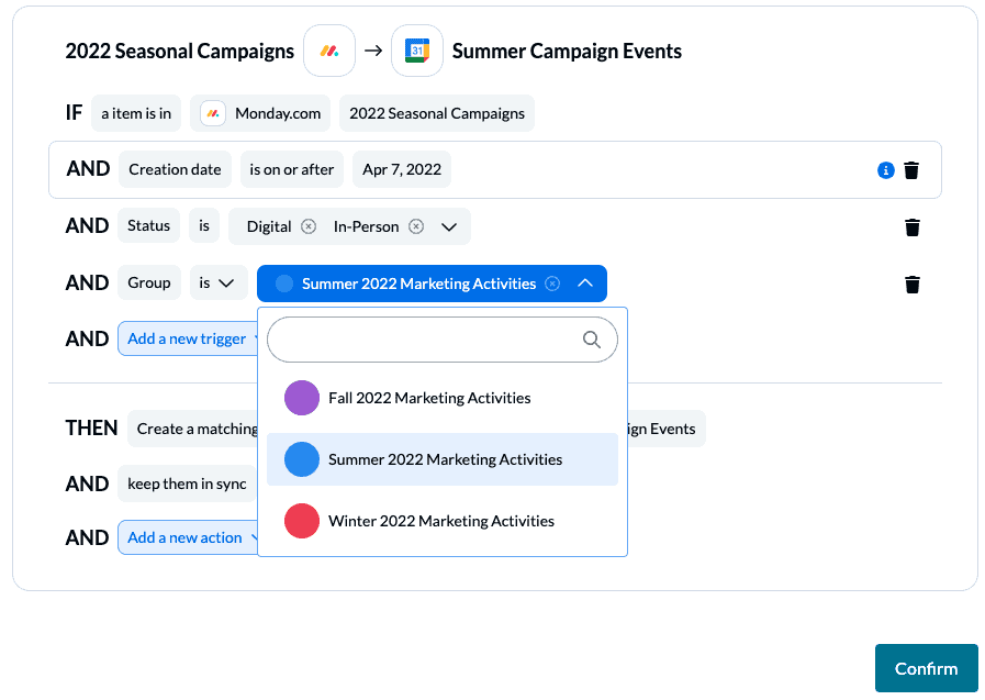 Set rules to filter out specific tasks and events between monday.com and Google Calendar