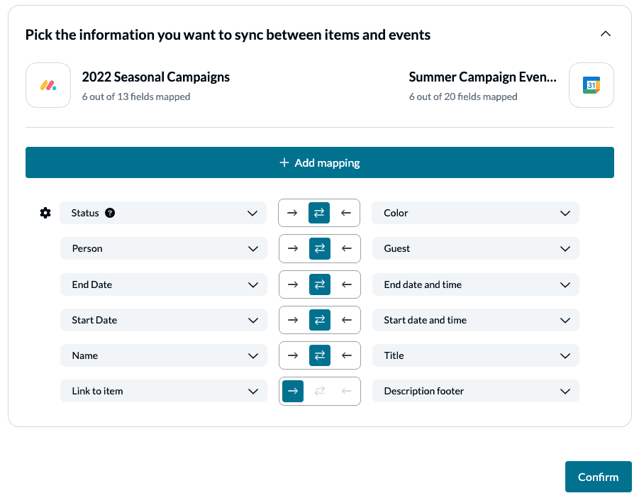 Choose fields to sync between monday.com and Google Calendar