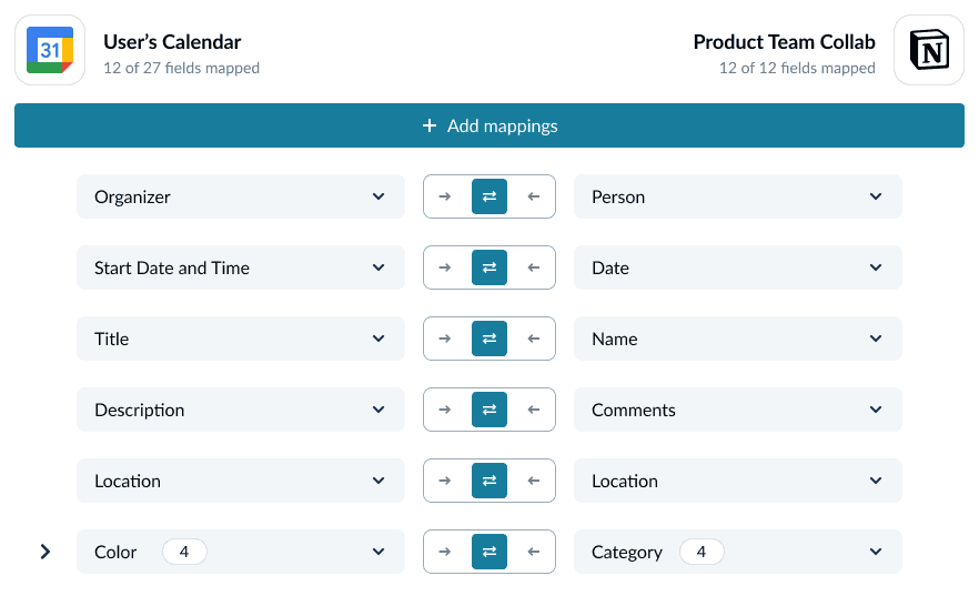 A screenshot of the mapping screen in Unito, the third step for embedding a Google Calendar in Notion.