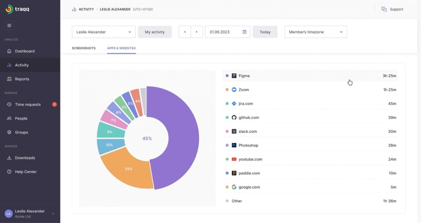 A screenshot of Traqq, a time tracking app.