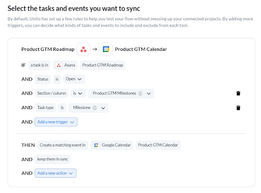 Set rules to sync Asana milestones to Google Calendar events