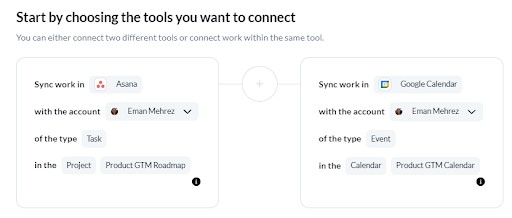 A screenshot showing how to Connect Asana milestones and Google Calendar events to Unito