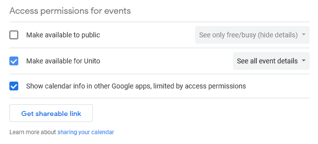 A screenshot of the Access permissions for events menu in Google Calendar