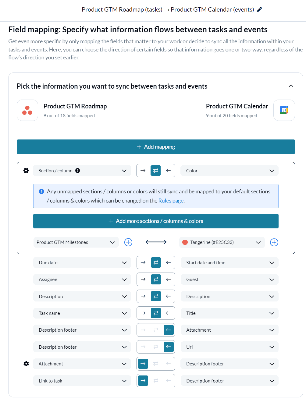 A screenshot showing how to Choose fields to sync between Asana and Google Calendar