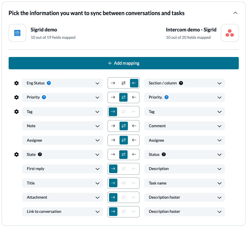 Intercom Asana Unito Field Mappings