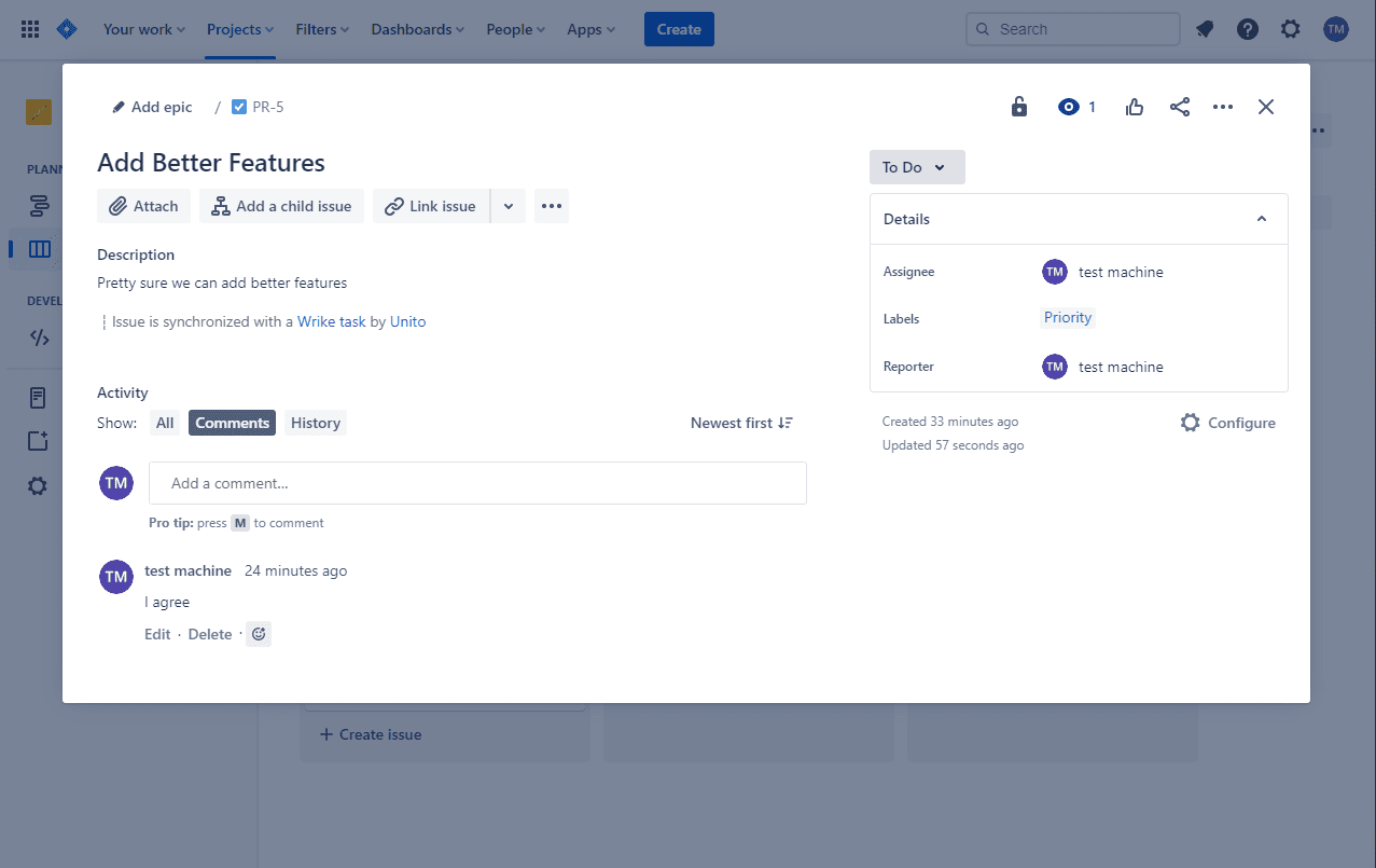 Screenshot of a Jira issue synced to Wrike with Unito