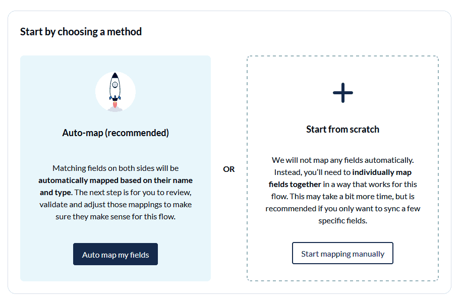 A screenshot of the first step of Unito's field mapping process: picking auto-map or start from scratch.