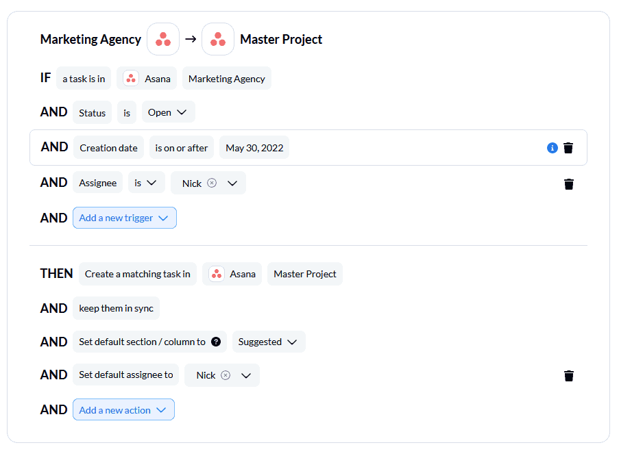 Rules to sync tasks between multiple Asana projects with Unito