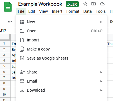 A screenshot of the file menu in Google Sheets.