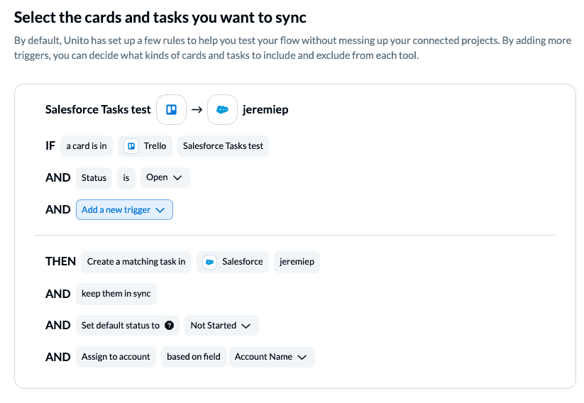 Set rules to filter out specific Trello cards and Salesforce objects 