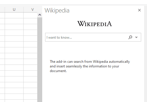 A screenshot of the Wikipedia add-in for Excel.
