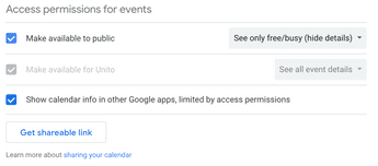 A screenshot of the permissions settings when sharing a Google Calendar.