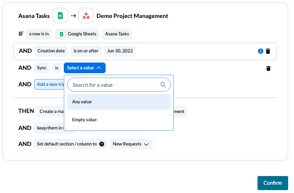 Google Sheets Asana Rules Unito 2-way sync