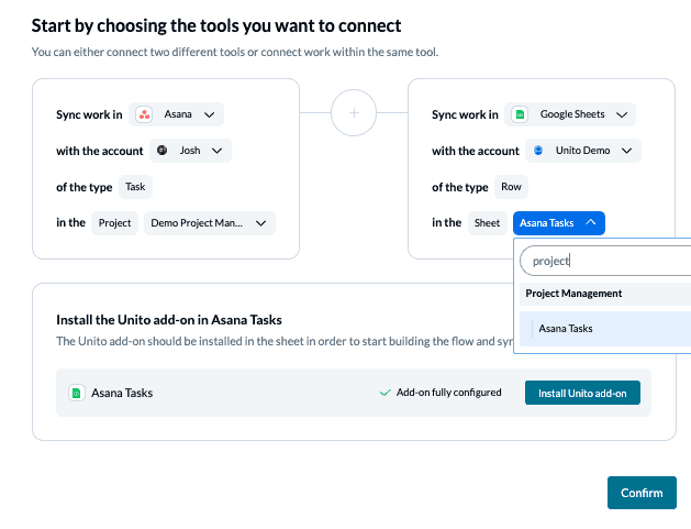 Asana Google Sheets Tool Connection with Unito