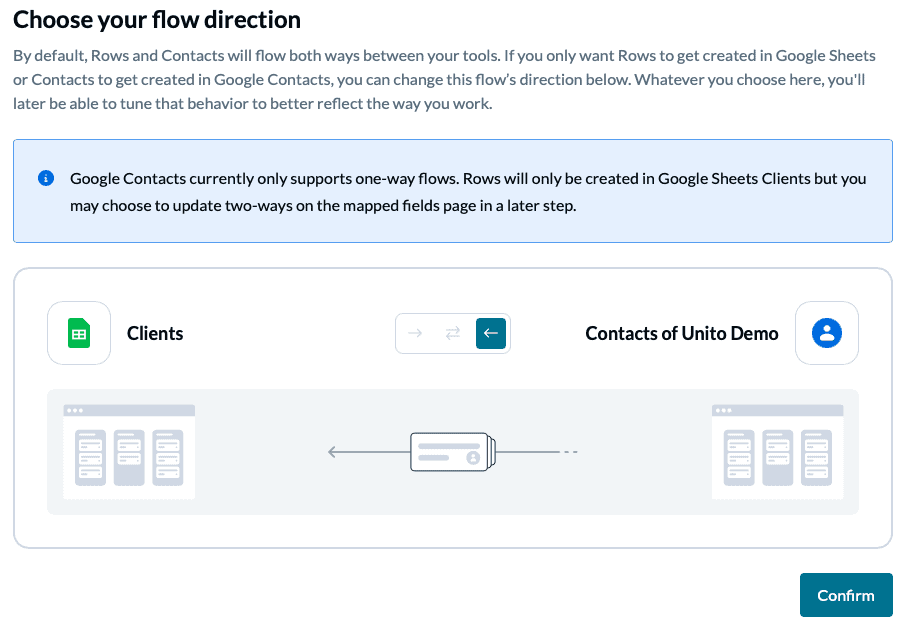 one way sync contacts to google sheets with Unito