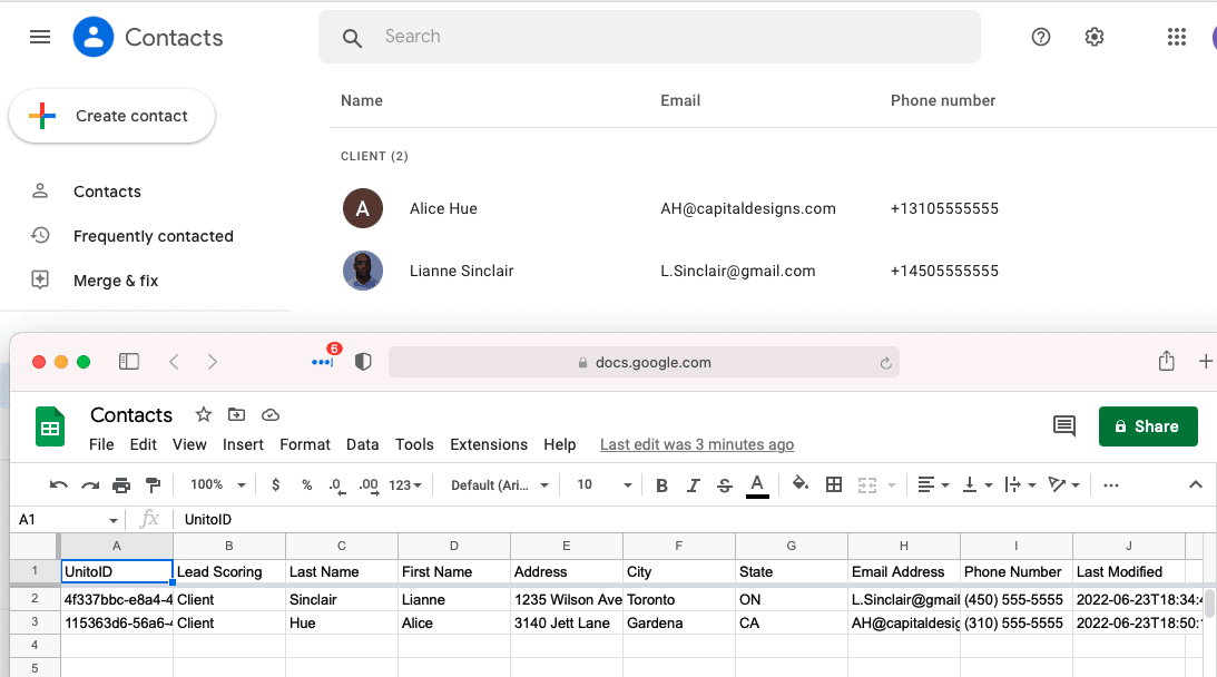 Google Sheets and Google Contacts synced with Unito