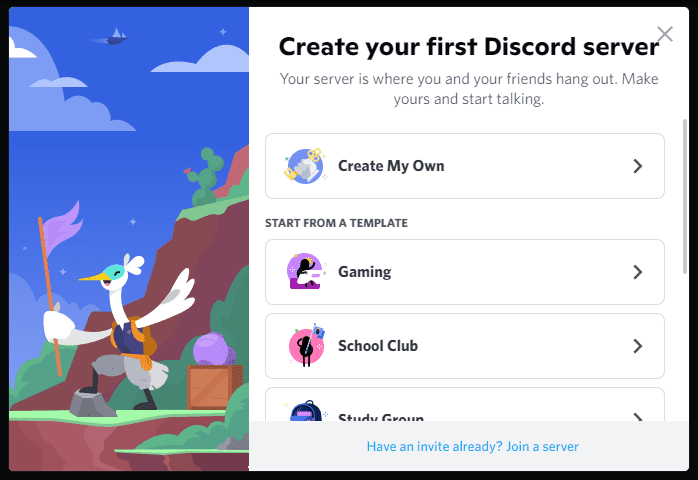 The first screen when creating a Discord server.