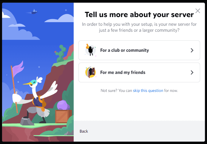 The second screen when creating a Discord server.