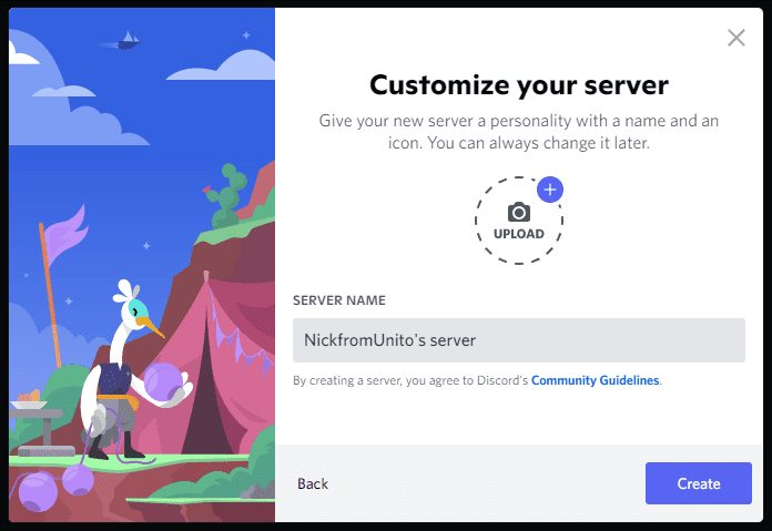 The third screen for creating a Discord server.