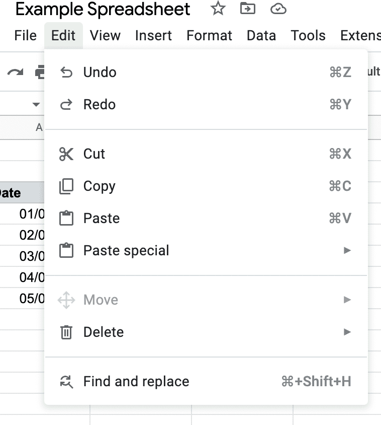 A screenshot of the Edit dropdown in Google Sheets.