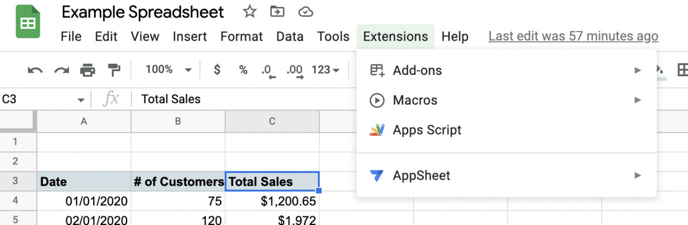 A screenshot of the Extensions dropdown in Google Sheets.