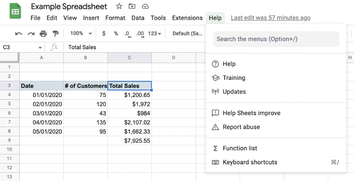 A screenshot of the Help menu in Google Sheets.