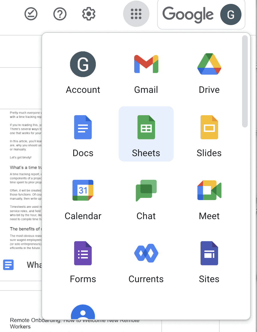 A screenshot of the apps menu in Google Workspace.
