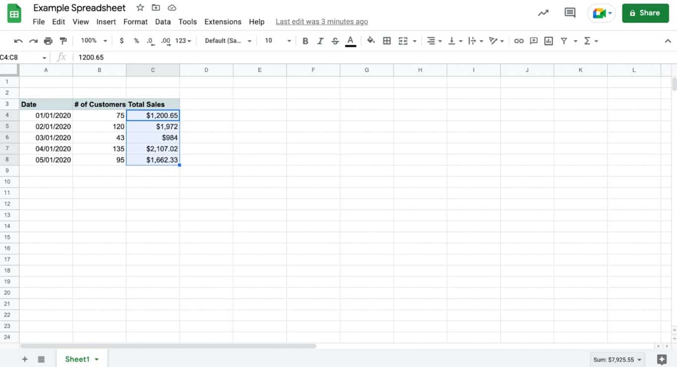 A screenshot of an example spreadsheet with data.