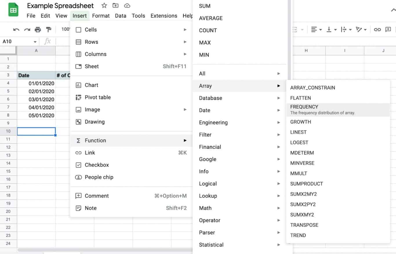 A screenshot of the Array feature in Google Sheets.