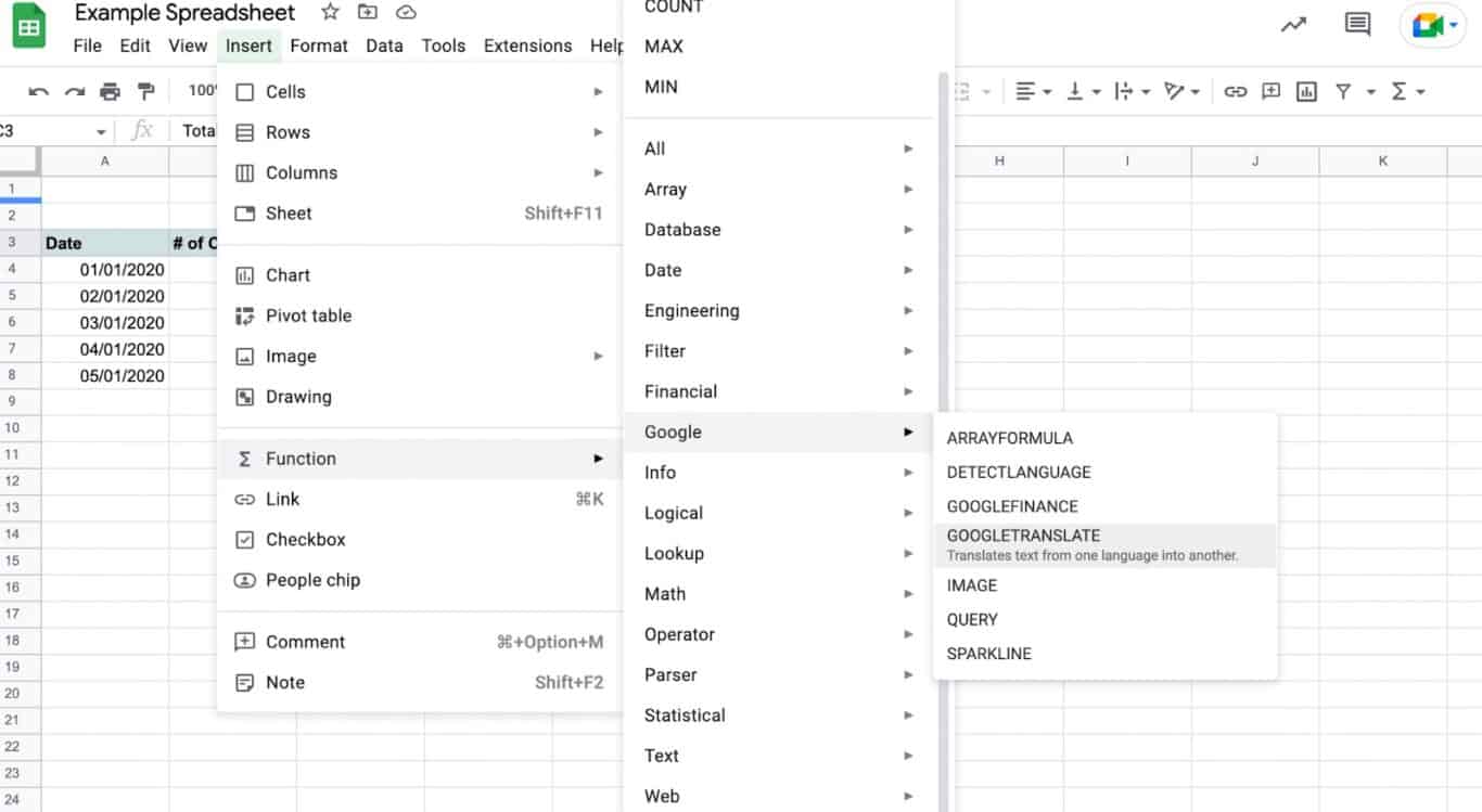 A screenshot of the Translate feature in Google Sheets.