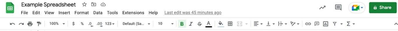 A screenshot of Google Sheets' toolbar, a key part of the Google sheets guide.