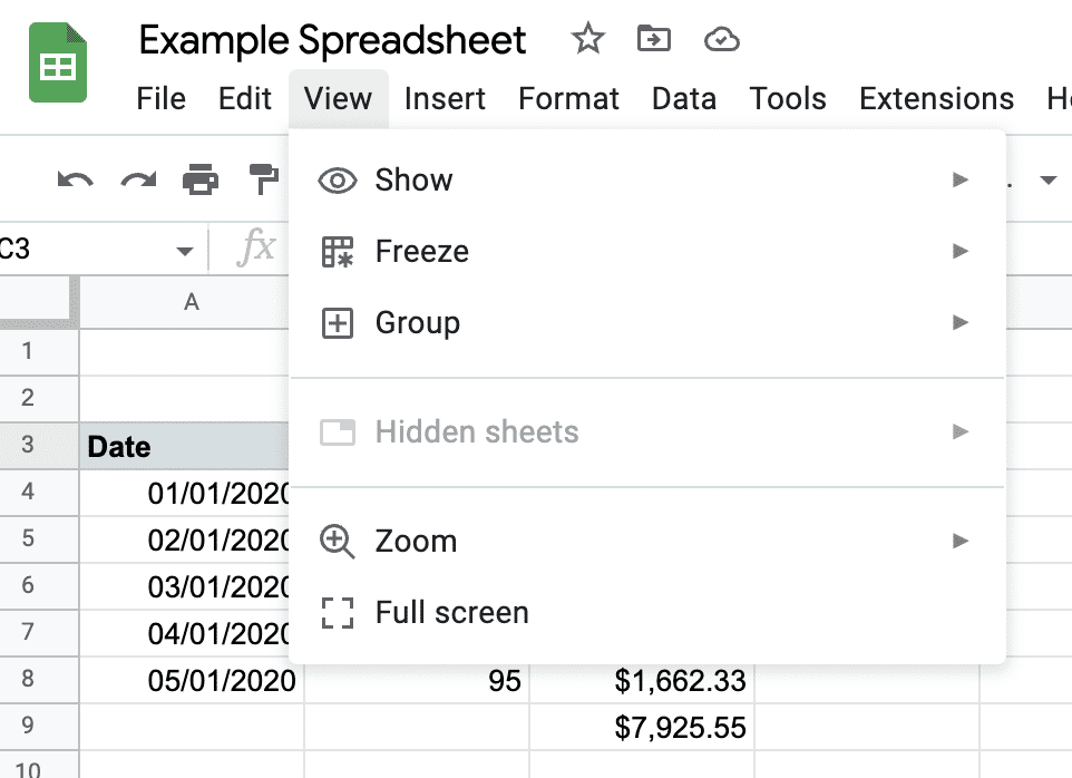 A screenshot of the View dropdown in Google Sheets.