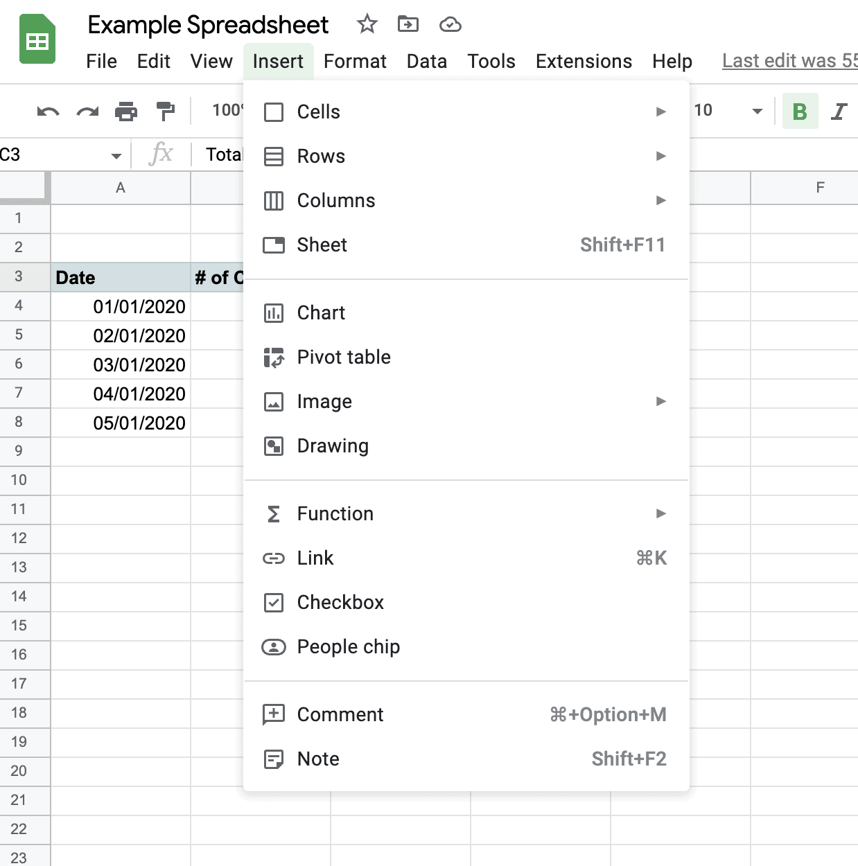 A screenshot of the Insert dropdown in Google Sheets.