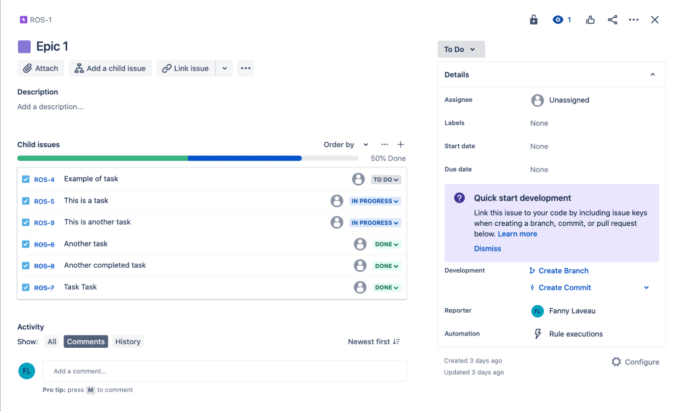 Jira Epic Issues Synced to Asana with Unito